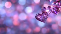 Transparent purple crystal hearts suspended against soft pink and blue bokeh background, ideal for Valentine's Day, love, romance, and wedding design projects.