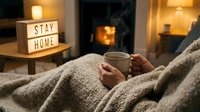 Cozy living room scene with person under blanket holding steaming mug near fireplace and stay home lightbox sign, warm hygge atmosphere.