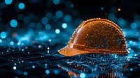 Orange construction hard hat with water droplets and blue bokeh lights creating dramatic industrial safety concept on dark reflective surface.