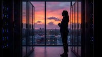 Silhouette of professional businesswoman standing in modern office corridor with floor-to-ceiling windows overlooking city skyline at sunset.