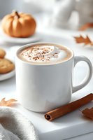 Cozy autumn drink with pumpkin spice latte topped with foam and cinnamon in white ceramic mug, cinnamon stick and fall decorations on bright background.