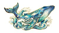 Decorative whale and smaller whale swimming through stylized ocean waves with ornamental swirls, featuring blue, teal, and gold tones. Isolated clipart suitable for t-shirts, prints, and design projects.
