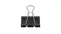 Isolated black binder clip with metal handle on white background, ready for office supply design, web graphics, and commercial applications.