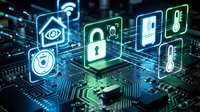 Neon security icons including padlock, eye, and biometric symbols glowing on circuit board, representing cybersecurity, data protection, and digital safety technology for tech and security applications.