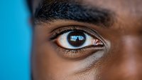 Close-up of dark brown eye with detailed iris and pupil against blue background, showcasing natural beauty and human expression.