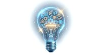 Glowing light bulb filled with interconnected gears and mechanical elements representing innovation, creativity and engineering solutions on white background.