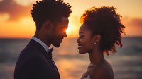 Young African American couple in elegant attire share intimate moment at sunset, silhouetted against golden sky and ocean backdrop, perfect for wedding and romance themes.