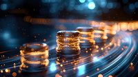 Glowing stacks of coins on dynamic light trails background with bokeh effect, symbolizing digital finance and cryptocurrency investment growth trends.