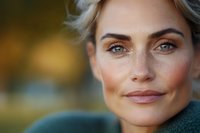 Close up portrait of mature Caucasian woman with blonde hair and natural makeup smiling confidently outdoors in warm evening light, showing genuine happiness and contentment.