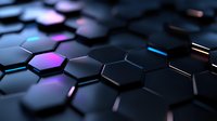 Dark hexagonal geometric pattern with glowing purple and blue neon lights creating futuristic technological background, abstract modern design for digital concepts.