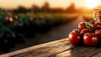 Fresh ripe red tomatoes on vine placed on rustic wooden surface against blurred garden background in warm sunset light. Perfect for food marketing.