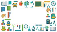 Back to school supplies collection featuring isolated educational items including books, globe, apple, school bus, desk lamp, chalkboard, pencils, scissors, clock, backpack, calculator, microscope, compass and more on white background.