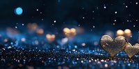 Glittering golden hearts on dark blue background with bokeh lights and sparkles. Romantic festive composition for Valentine's day celebrations and love themes.