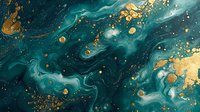 Luxurious emerald green and gold marble abstract background with flowing liquid texture, metallic splashes, and cosmic swirls for luxury design projects.