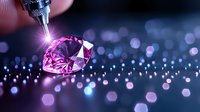 Sparkling pink diamond with light beam in magical atmosphere against blurred bokeh background of blue and purple lights creates luxurious mood.