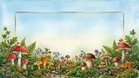 Colorful mushrooms and toadstools grow among ferns and wildflowers in a lush forest garden scene, ideal for nature illustrations, children's books, and botanical designs.