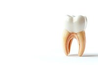 Anatomical cross-section model of human molar tooth showing internal structure, root canal, and crown against white background for dental education and healthcare.