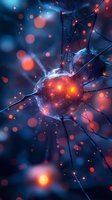 Glowing neural network nodes with interconnected pathways, featuring luminous orange and blue particles in a digital technology background for science and innovation concepts.