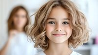 Young girl with blonde curly hair and bright smile looking at camera, natural daylight indoor portrait with soft bokeh background and positive expression.