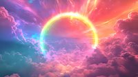 Vibrant sunset sky with glowing ring of light surrounded by dramatic pink and turquoise clouds creating ethereal atmospheric scene with rays breaking through cloudscape.
