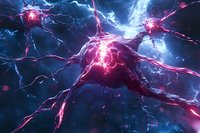 Glowing neurons with pink and red electrical connections on blue background, illustrating neural network activity in brain science visualization.