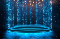Glowing blue circular podium with cascading light strings and sparkles against dark background creates futuristic stage atmosphere for product display or awards ceremony.