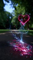 Magical glowing figure of a dancing woman holding luminous heart shape, with sparkles and light trails in pink and blue colors against natural background.