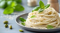 Fresh spaghetti pasta with grated parmesan cheese, basil leaves and pistachios served on gray ceramic plate, selective focus food photography.
