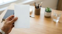 Male hand holding blank white card at wooden desk with office supplies and succulent plant, suitable for business branding and marketing materials.