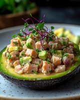 Fresh salmon avocado tartare with microgreens served in avocado half, healthy gourmet appetizer for restaurant menu and culinary photography.