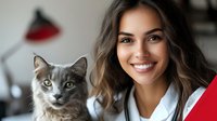Young Caucasian female veterinarian in white coat smiling with gray tabby cat in modern clinic office. Professional pet healthcare and animal medicine concept.
