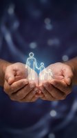 Adult male hands cradling glowing family figures representing protection, care, and insurance coverage for loved ones and dependents.