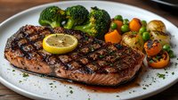 Grilled salmon fillet with charred grill marks, lemon slice, and fresh vegetables including broccoli, cherry tomatoes and baby potatoes on white ceramic plate.