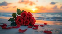 Red roses lying on sandy beach at sunset with scattered petals, ocean waves and dramatic orange sky create romantic atmosphere for Valentine's Day or anniversary celebration.