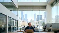 Modern office professional holding cardboard box in contemporary workplace with city skyline view through floor-to-ceiling windows, relocation and business transition concept.