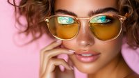 Young woman with freckles wearing stylish gold-rimmed sunglasses with yellow lenses against pink background, close up portrait showing natural makeup and curly hair.