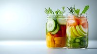 Fresh colorful detox water in mason jars with cucumber, citrus, berries and herbs. Healthy infused drinks for weight loss and cleansing program.
