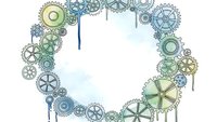 Steampunk mechanical gears frame with dripping paint effects on white background, clockwork border design for vintage industrial themed projects.