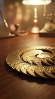 Golden coins arranged in spiral pattern on wooden desk with warm lamp lighting and blurred office background, representing wealth, savings, investment and financial success.