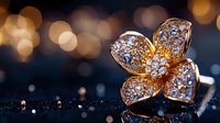 Luxurious golden flower ring with diamonds sparkles against dark background with bokeh lights, macro jewelry photography showcasing elegant craftsmanship.