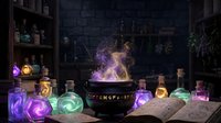 Magical alchemy laboratory with glowing potions, mystical cauldron brewing purple smoke, enchanted bottles on wooden shelves for fantasy gaming design.