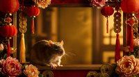 Cute rat surrounded by traditional red and gold decorations with lanterns and peonies, framed by ornamental elements for festive holiday and cultural celebration designs.