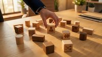 Business professional arranging wooden blocks with icons on office desk for strategic planning and organization concepts.