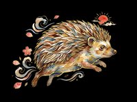 Hedgehog illustration with autumn leaves and decorative swirls, isolated on transparent background. Ready for t-shirt design, clipart, stickers, sublimation, and print-on-demand products.