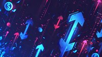 Glowing neon arrows in pink and blue colors moving upward and downward on dark background with particles and light effects creating dynamic pattern.