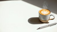 Hot coffee cup with latte art on white table next to pen in minimalist workspace setting with natural lighting and steam rising from beverage.