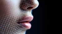 Digital wireframe mesh overlay on female profile showing lips and nose against dark background, representing facial recognition or beauty technology.