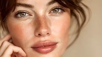 Young Caucasian woman with natural freckles and green eyes showcasing healthy glowing skin for beauty skincare cosmetics advertising campaigns.
