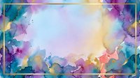 Watercolor paint splashes in vibrant rainbow hues with teal border frame, creating abstract artistic background for creative design projects and presentations.