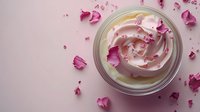 Luxurious rose-infused skincare cream in glass jar surrounded by delicate pink flower petals on soft pink background for beauty and wellness concepts.
